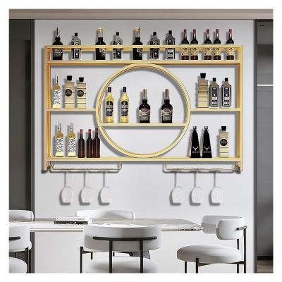 BYJSJY Metal Wine Rack Wall Mounted, LED Lighted Liquor Bottle Display Shelf, Bar Cabinet with Glass Holder, Hanging Goblet Display Storage, for Home Bar Kitchen(Gold,100x15x80cm)