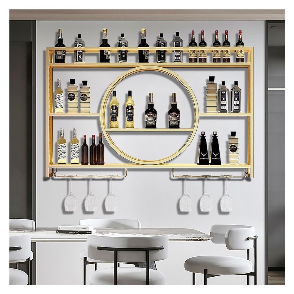 BYJSJY Metal Wine Rack Wall Mounted, LED Lighted Liquor Bottle Display Shelf, Bar Cabinet with Glass Holder, Hanging Goblet Display Storage, for Home Bar Kitchen(Gold,100x15x80cm)