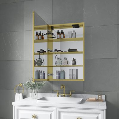 Generic LED Lighted Bathroom Medicine Cabinet with Mirror, Surface Lighted Medicine Cabinet,Dimmable,Adjustable Shelves,Intelligent Switch Medicine Cabinet, Aluminum Frame,Left Opening Door, Gold