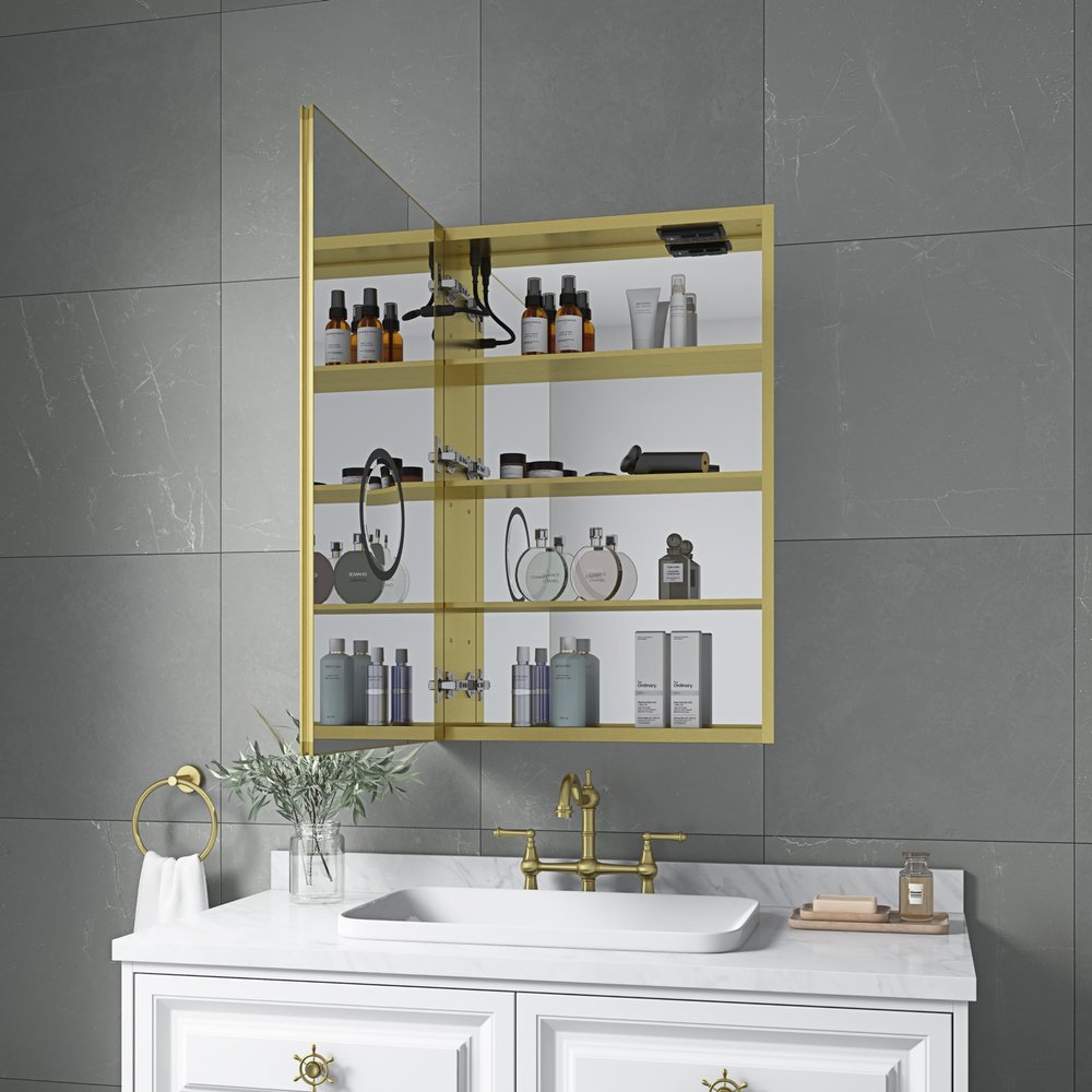 Generic LED Lighted Bathroom Medicine Cabinet with Mirror, Surface Lighted Medicine Cabinet,Dimmable,Adjustable Shelves,Intelligent Switch Medicine Cabinet, Aluminum Frame,Left Opening Door, Gold