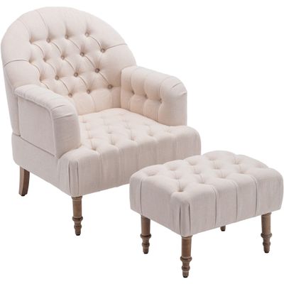 Accent Chair,Button Tufted Upholstered Chair Set,Mid Century Modern Chair with Linen Fabric and Ottoman for Living Room Bedroom Office Lounge,Beige