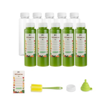 Bottle Tek 12 Ounce Juice Bottles For Juicing, 100 Round Bottles With Caps - Includes 100 Labels, 10 Brushes, And 10 Funnels, Clear Plastic Empty Juice Containers, For Smoothies - Restaurantware