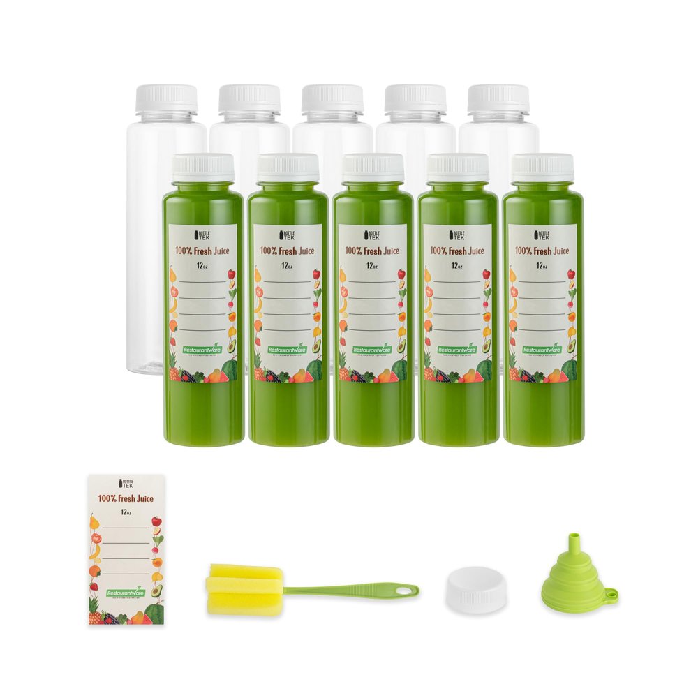 Bottle Tek 12 Ounce Juice Bottles For Juicing, 100 Round Bottles With Caps - Includes 100 Labels, 10 Brushes, And 10 Funnels, Clear Plastic Empty Juice Containers, For Smoothies - Restaurantware