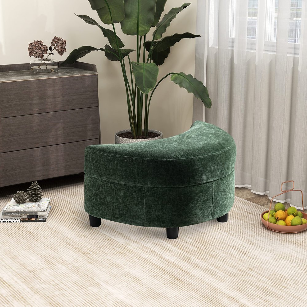32.7" W Chenille Upholstered Half Crescent Moon Storage Bench Large Ottoman with Tray Serve As Side Table Soft Padded Seat Dressing Shoe Bench Foot Rest for Living Room, Entryway, HallwayGreen