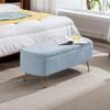 Blue Storage Ottoman Bench for End of Bed Gold Legs, Modern Grey Faux Fur Entryway Bench Upholstered Padded with Storage for Living Room Bedroom view 1