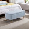 Blue Storage Ottoman Bench for End of Bed Gold Legs, Modern Grey Faux Fur Entryway Bench Upholstered Padded with Storage for Living Room Bedroom view 3