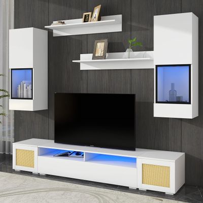 HomeLoft Basics Extended, Rattan Style Entertainment Center, 7 s Floating TV Console Table for TVs Up to 90, High Gloss Wall Mounted TV Stand with Color Changing LED Lights for Home Theatre, White.