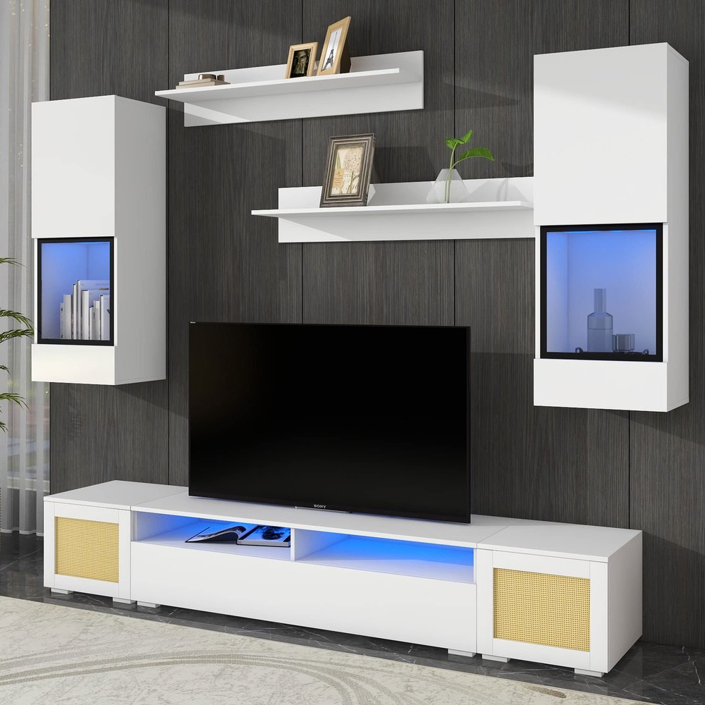 HomeLoft Basics Extended, Rattan Style Entertainment Center, 7 s Floating TV Console Table for TVs Up to 90, High Gloss Wall Mounted TV Stand with Color Changing LED Lights for Home Theatre, White.