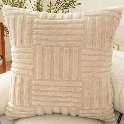 Huierxun Double-Sided Striped Throw Pillow Covers Luxury Soft Cozy Fluffy Fuzzy Solid Decorative Pillow Cushion Case for Living Room Sofa Outdoor Decor (Ivory,16"x16")