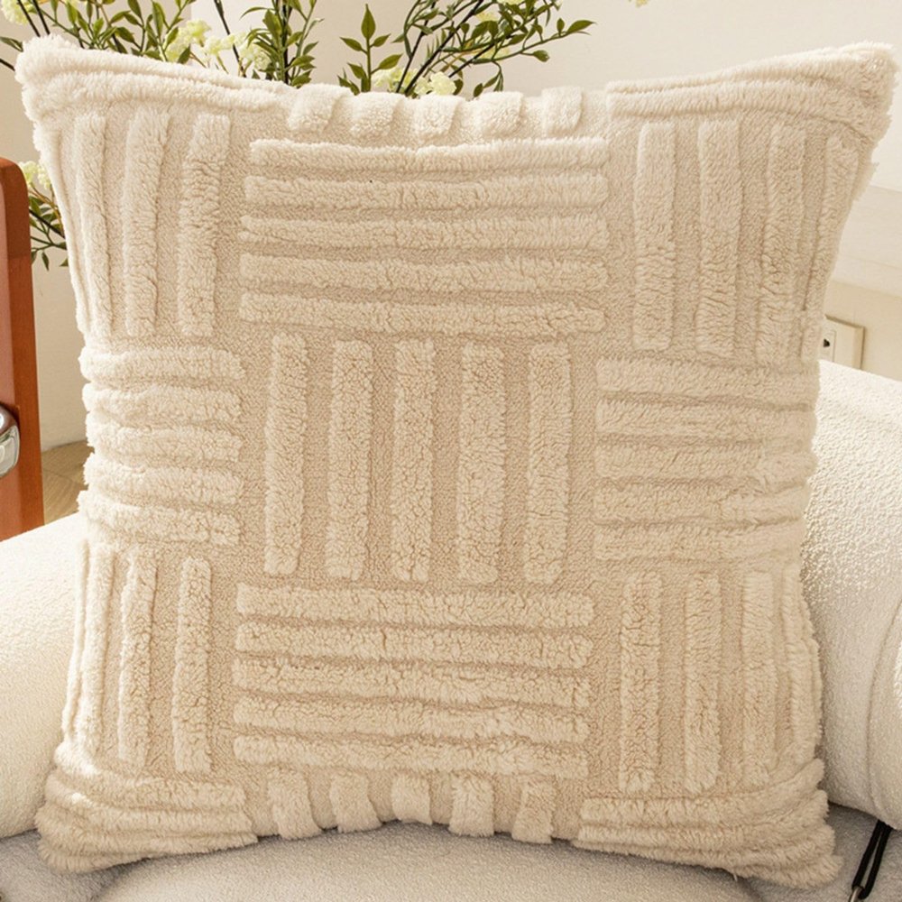 Huierxun Double-Sided Striped Throw Pillow Covers Luxury Soft Cozy Fluffy Fuzzy Solid Decorative Pillow Cushion Case for Living Room Sofa Outdoor Decor (Ivory,16"x16")