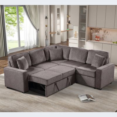 Doeqkue 5-Seater Chenille Corner Sofa with Pull Out Mattress, Light Brown, 3 Pillows, Chaise Lounge Chair, Storage Ottoman
