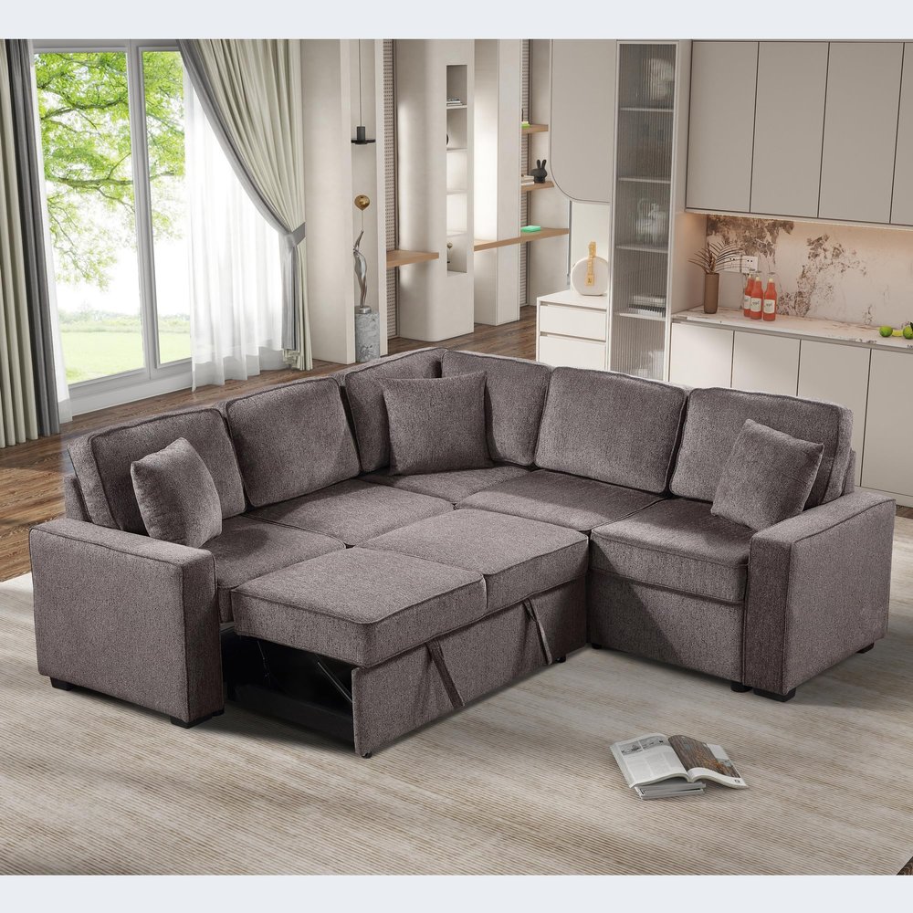 Doeqkue 5-Seater Chenille Corner Sofa with Pull Out Mattress, Light Brown, 3 Pillows, Chaise Lounge Chair, Storage Ottoman
