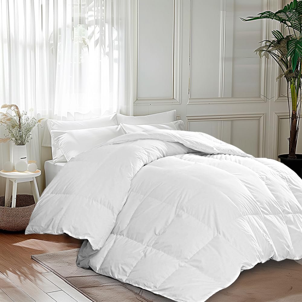 Martha Stewart Goose Feather Down Fiber Cotton Comforter Queen Size, Feather Duvet Insert Queen, Hotel Collection Hypoallergenic Comforter 50oz Light Warmth 90 x 90 Inch White