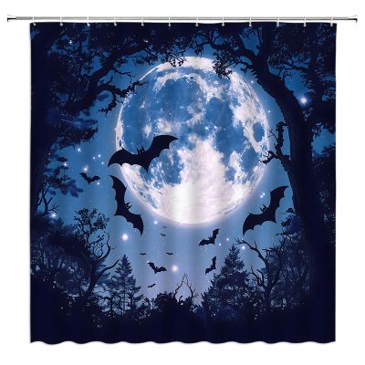 AMFD Spooky Halloween Shower Curtain Scary Bats Black Dead Tree Blue Full Moon Starry Sky Horror Scene Bathroom Curtains Decor Fabric Set Include Hooks,(47" Wx70 H)