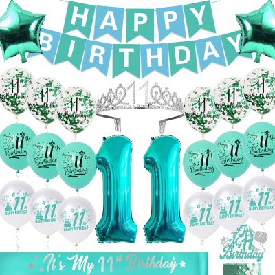11th Birthday Decorations for Girls,Glitter It's My 11th Birthday Cake Topper & sash and Banner, Teal 11 birthday Balloons and Foil Balloons and Silver 11th Crown-Teal 11 Birthday Decorations