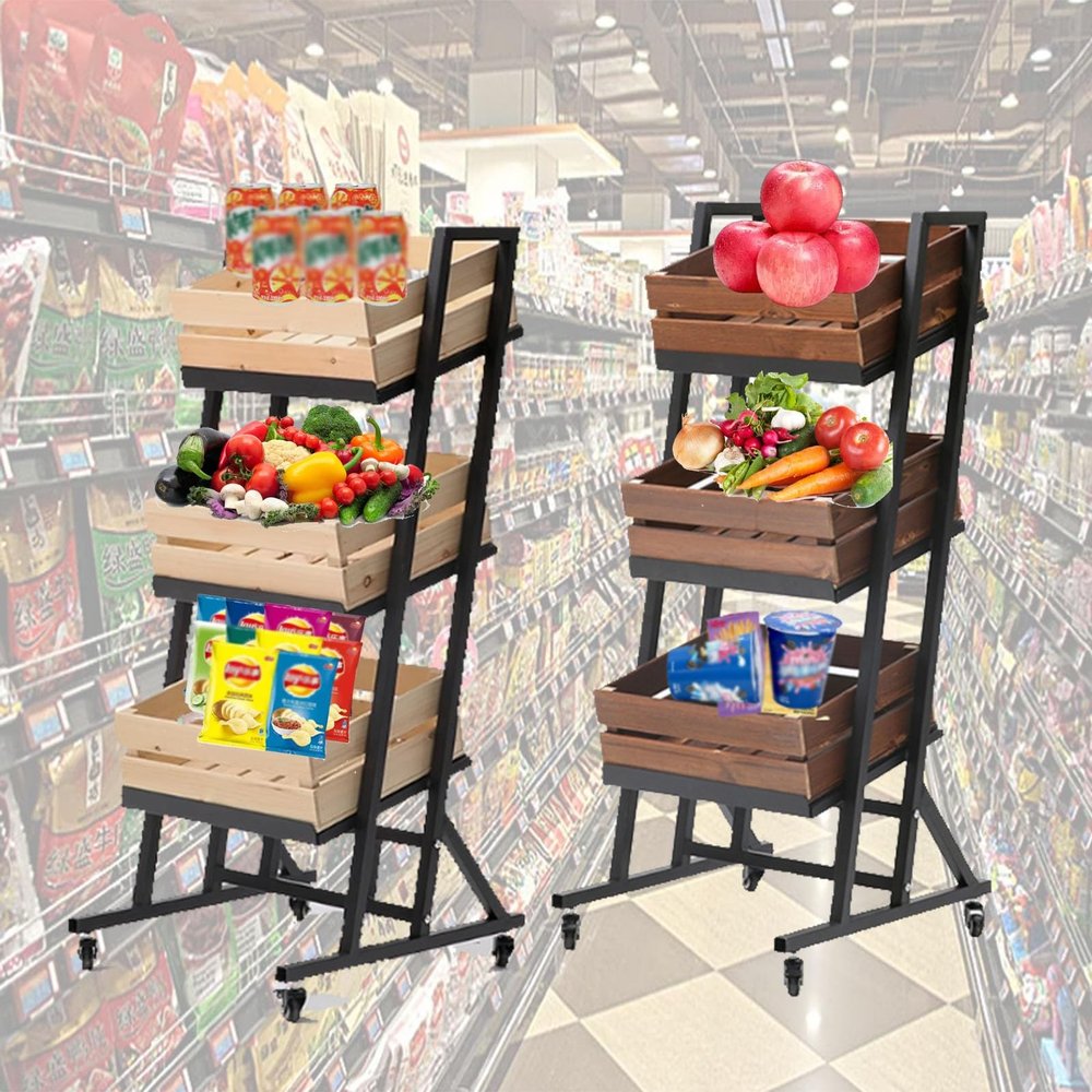LSMKKA 2 Packs Basket Snack Rack Holder, Kitchen Fruit and Vegetable Storage Cart with Wood Box  Perfect for Bread/Vegetables/Produce, Commercial Supermarket Shelf, Home Storage & Display, 981214