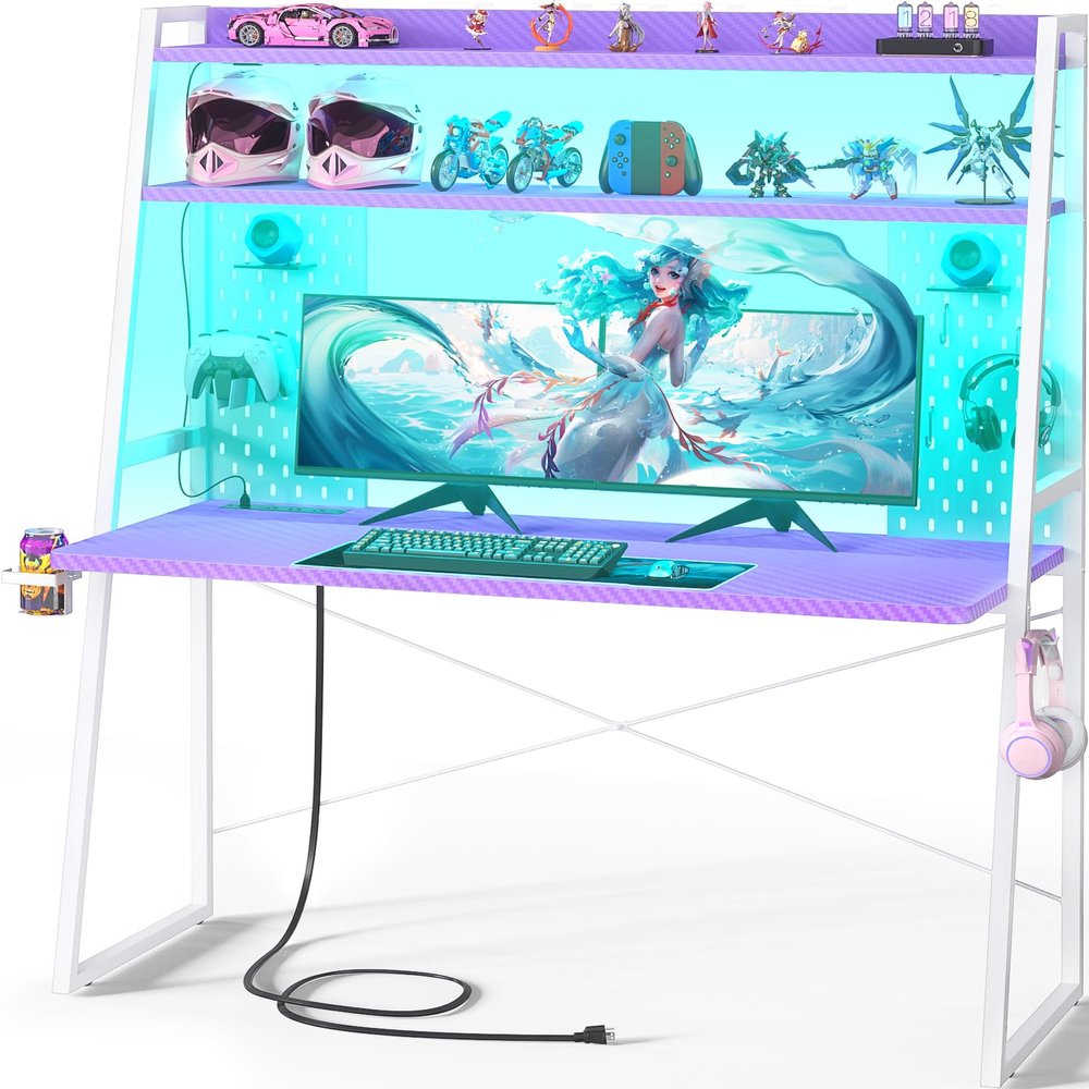 Besiost Gaming Desk with Hutch and LED Lights, Gaming Computer Desk with Power Outlets, Gamer Desk with Storage Shelves, PC Gamings Desk with Pegboards for Bedroom, Carbon Fiber Purple, 49"