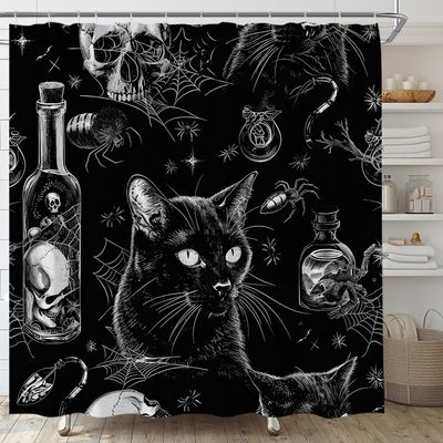YSATNSFT Gothic Halloween Shower Curtain Spooky Black Alchemy Magic World Witch Black Cat Witchcraft Horror Skull Fabric Bathroom Decor Set with Hooks,(67" Wx70 H)