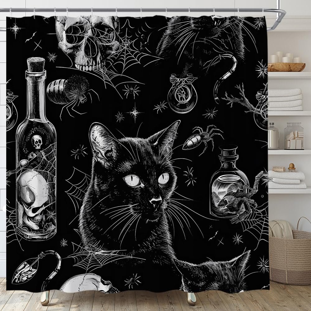 YSATNSFT Gothic Halloween Shower Curtain Spooky Black Alchemy Magic World Witch Black Cat Witchcraft Horror Skull Fabric Bathroom Decor Set with Hooks,(67" Wx70 H)