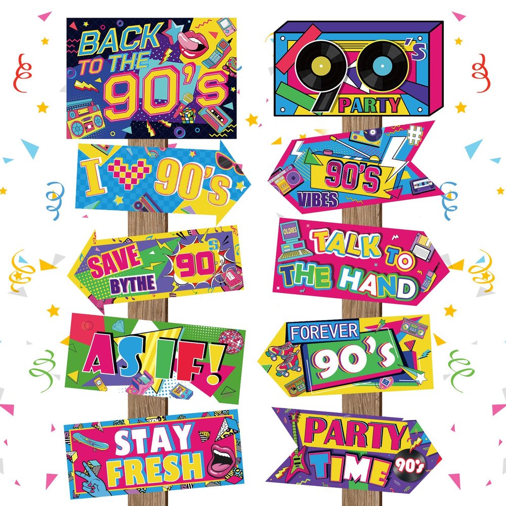 Hooqict 20 Pieces 90s Party Decorations Sign Retro Hip Hop Party Sign for Back to The 90s Adults Neon Throwback Birthday Party Supplies