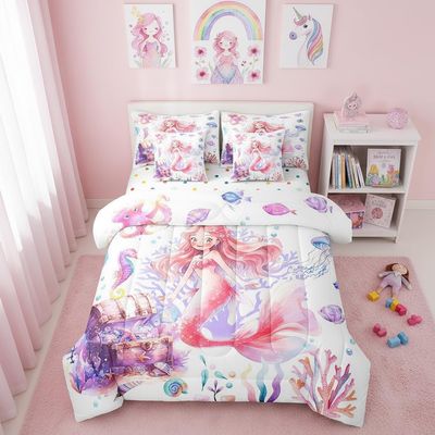 Manfei Kawaii Girl Mermaid Queen Size Bed Sets 7 Pieces Cute Fish Marine Comforter Set,Girls Bedroom Decor,Watercolor Coral Bedding Set with 1 Comforter,2 Sheets,2 Pillowcases & 2 Pillow Covers