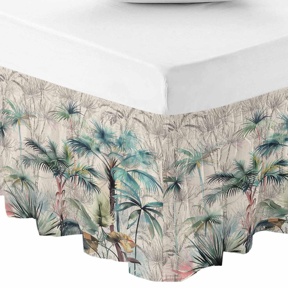 Bed Skirt King Size - 16 Inch Drop Summer Palm Trees Adjustable Elastic Dust Ruffles Bed Sheet Skirts, Vintage Botanical Tropical Leaves Luxury Microfiber Wrap Around Pleated Bed Skirt