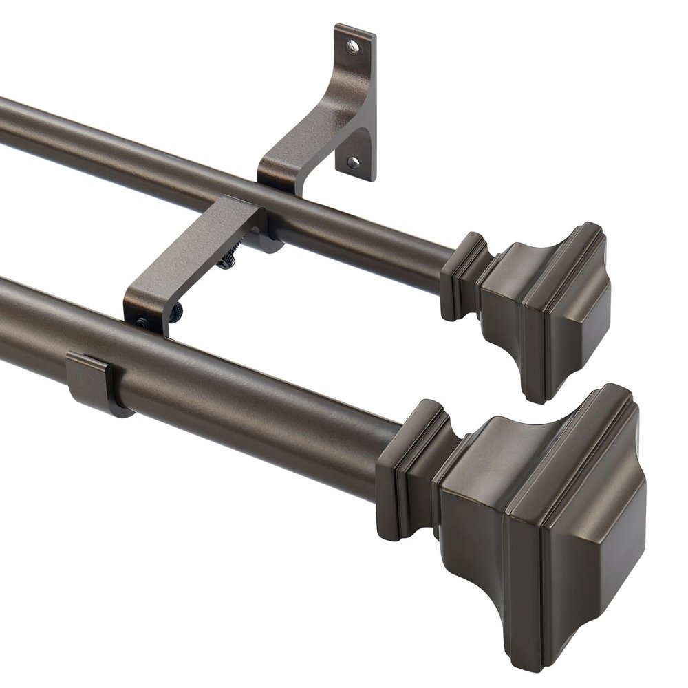 Double Curtain Rod, 1 inch Adjustable Heavy Duty Drapery Double Rod for Window 36 to 72 Inches (3-6 Feet), Vintage Square Finials,Premium Aluminum Brackets,Antique Bronze