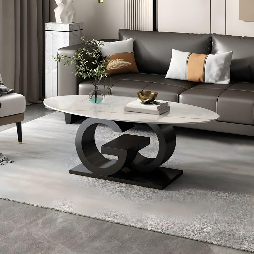 CraftThink Stone Coffee Table, Modern Oval Center Table Sofa Side Table with Black Metal Base for Living Room Apartment Office (White, 51" L x 27.5" W x 18" H)