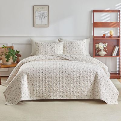 EAVD Vintage Garden Pink Floral Quilt Set Queen White Soft Cotton Chic Shabby Pink Floral Bedspread Queen Size Floral Coverlet Set with 2 Pillow Shams Reversible Botanical Print Quilt for All-Season