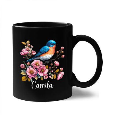 Beautiful Western Bluebird & Nature Tea Mug, Customized Name Floral Western Bluebird Ceramic Mug, Western Bluebird With Flower Cups, Gifts Ideas For Bird Lovers, Black Coffee Mug 11oz or 15oz