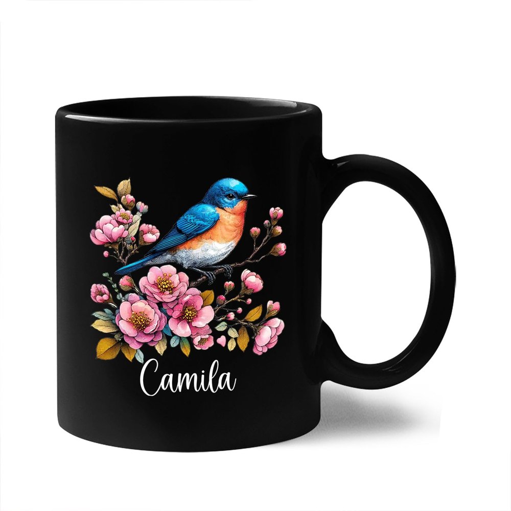 Beautiful Western Bluebird & Nature Tea Mug, Customized Name Floral Western Bluebird Ceramic Mug, Western Bluebird With Flower Cups, Gifts Ideas For Bird Lovers, Black Coffee Mug 11oz or 15oz