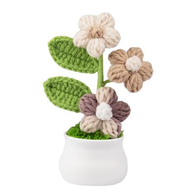 Blync Knitting Crochet Puff Flowers Potted Plants, Gradient Colorful Flowers for Friends, Family and Lover, Handmade Flowers for Home Office Decoration, Car Decoration, Valentine's Gift. (Brown)