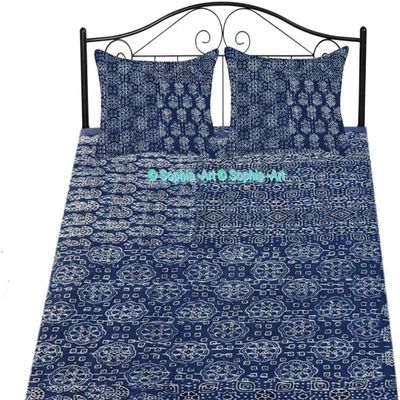 Sophia-Art Bohemian Hand Block Ajrak Vintage Print Bedspread Kantha Bed Cover, Sofa Cover Hand Stitch Throw Quilt (Blue Patch Print, King 90 * 108 Inches with Sham Cover)
