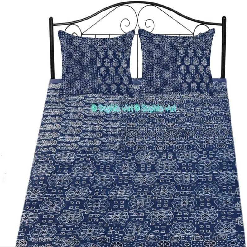Sophia-Art Bohemian Hand Block Ajrak Vintage Print Bedspread Kantha Bed Cover, Sofa Cover Hand Stitch Throw Quilt (Blue Patch Print, King 90 * 108 Inches with Sham Cover)