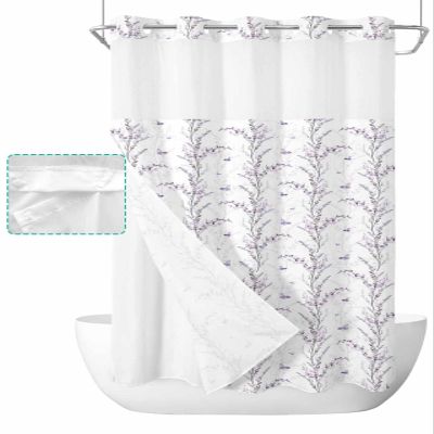Futuregrace No Hooks Shower Curtain with Snap Liner Purple Butterfly Lavender Bud Printing Bath Curtain with See Through Top Window 36"x72" for Bathroom Spa