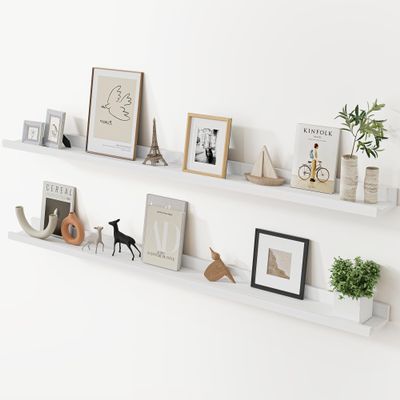 Acovy Long Floating Shelves for Wall, 55 inch Solid Wood Picture Ledge Shelf, Picture Shelf for Wall with Ledge, Floating Book Shelves for Living Room Bedroom Kitchen Nursery Decor, White, Set of 2