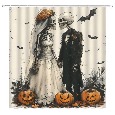 AMFD Spooky Halloween Shower Curtain Skull Couple Day of The Dead Skeleton Gothic Pumpkin Bat Vintage Bathroom Curtains Decor Fabric Set Include Hooks,(67" Wx70 H)