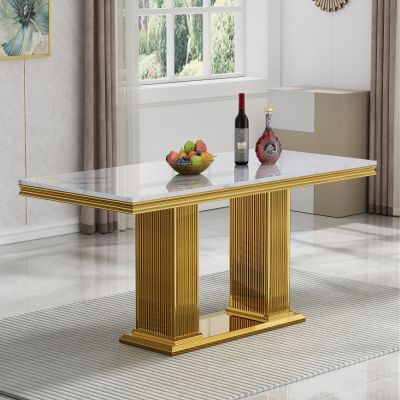 68'' Modern Faux Marble Dining Table for 4, Dual Pillar Gold Stainless Steel Pedestal, White Kitchen Table for 6, Eleant White Gold Rectangular Dining Room Table
