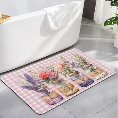 Valentine's Floral Bath Mat for Tub,Non Slip Bathroom Floor Runner Rug Quick Dry&Absorbent Diatomaceous Earth Shower Sink Bedroom Kitchen Doormat 16"x24" Lavender Roses Botanical Plaid Pink