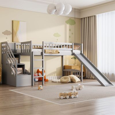 Merax Twin Size Loft Bed Bedframe with Two Drawers,Convertible Slide and Ladder for Boys and Girls
