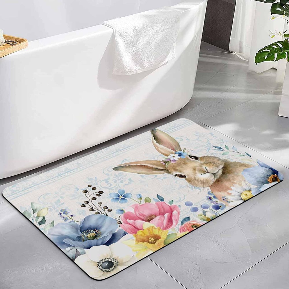Easter Bunny Bath Mat for Tub,Non Slip Bathroom Floor Runner Rug Quick Dry&Absorbent Diatomaceous Earth Shower Sink Bedroom Kitchen Doormat 20"x32" Retro Botanical Boho Floral Eucalyptus Leaves