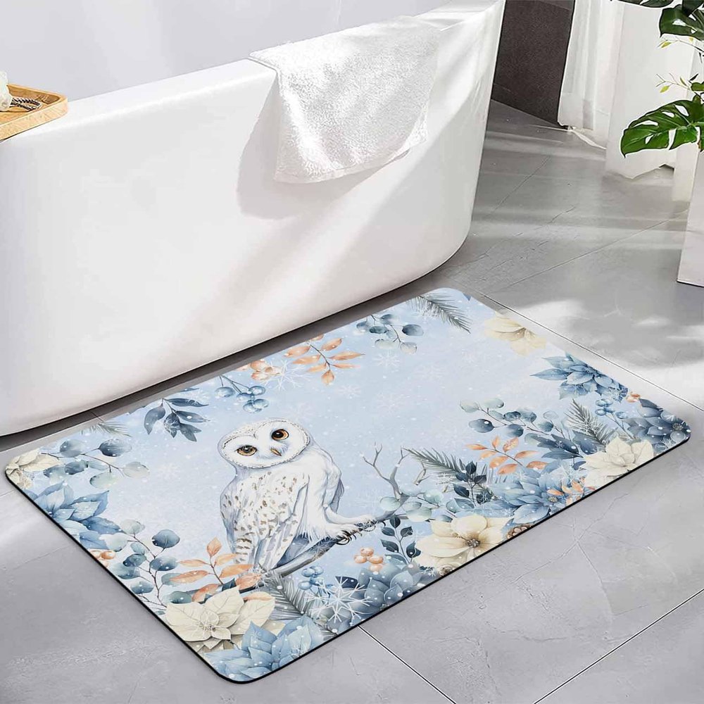 Christmas Blue Bath Mat for Tub,Non Slip Bathroom Floor Runner Rug Quick Dry&Absorbent Diatomaceous Earth Shower Sink Bedroom Kitchen Living Room Doormat 16"x24" Animal Owl Eucalyptus Berry Snowflake