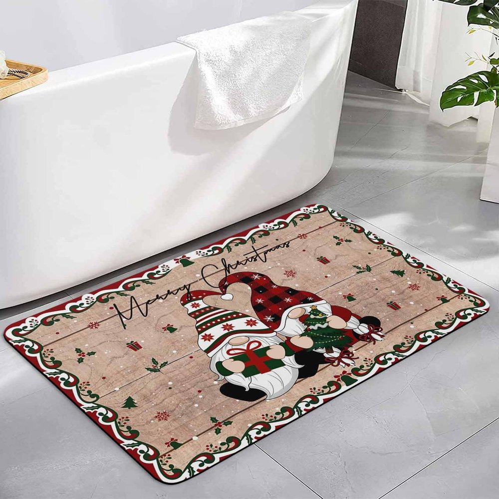 Christmas Bath Mat for Tub,Non Slip Bathroom Floor Runner Rug Quick Dry&Absorbent Diatomaceous Earth Shower Sink Bedroom Kitchen Living Room Doormat 16"x24" Farmhouse Winter Gnomes Plaid Brown