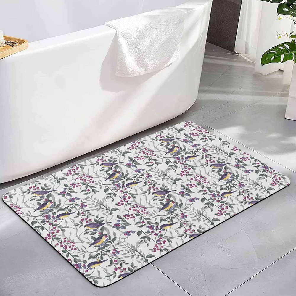 Floral Plant Bath Mat for Tub,Non Slip Bathroom Floor Runner Rug Quick Dry & Absorbent Diatomaceous Earth Shower Sink Bedroom Kitchen Living Room Washable Doormat 16"x24" Flower Leaves Botanical Herbs