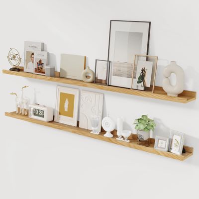 Acovy Solid Ash Wood Picture Ledge Shelf, Floating Shelves Set of 2, 56 Inch Long Large Ledge Shelves, Nursery Book Shelves Wall Mounted for Living Room Bedroom Kitchen Decor Kids Bookshelf, Natural