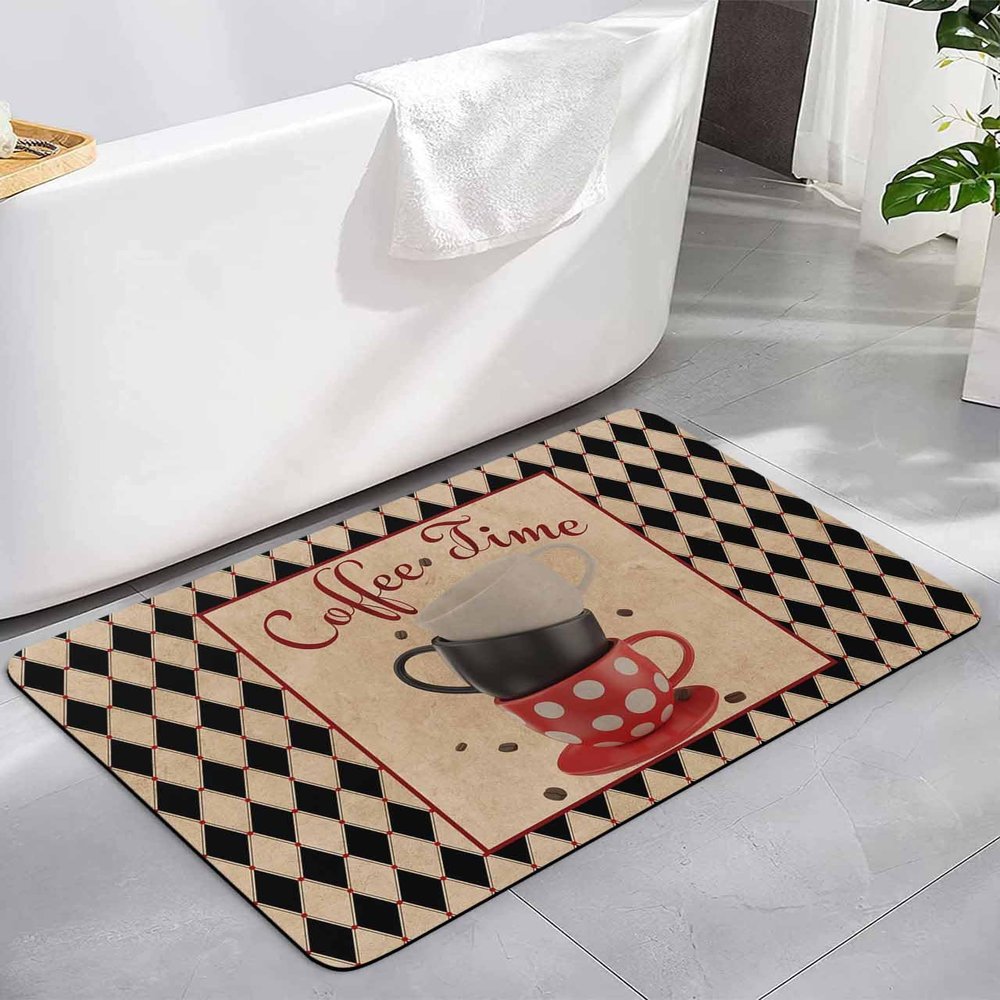 Coffee Theme Bath Mat for Tub,Non Slip Bathroom Floor Runner Rug Quick Dry&Absorbent Diatomaceous Earth Shower Sink Bedroom Kitchen Living Room Doormat 16"x24" Retro Plaid Coffee Cup Coffee Beans