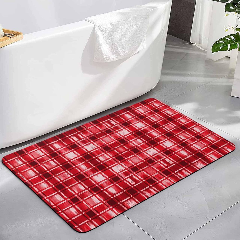 Buffalo Plaid Red Bath Mat for Tub,Non Slip Bathroom Floor Runner Rug Quick Dry&Absorbent Diatomaceous Earth Shower Sink Bedroom Kitchen Doormat 16"x24" Pastoral Country French Gradient Checkered