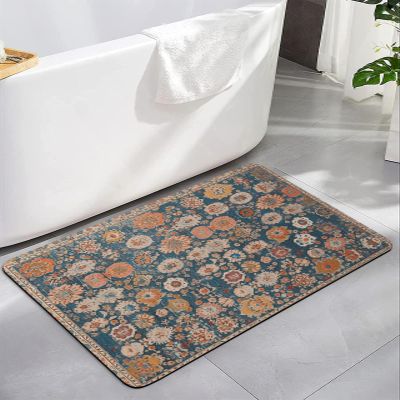 Blue Flower Print Bath Mat for Tub,Non Slip Bathroom Floor Runner Rug Quick Dry&Absorbent Diatomaceous Earth Shower Sink Bedroom Kitchen Living Room Doormat 24"x36" Farmhouse Boho Decorative Patterns