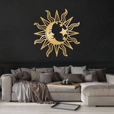 Idadey Sun and Moon Wall Decor - Wacky Metal Art, Celestial Boho Wall Art, Outdoor Decor (Gold, 23"x23" | 60x60cm)