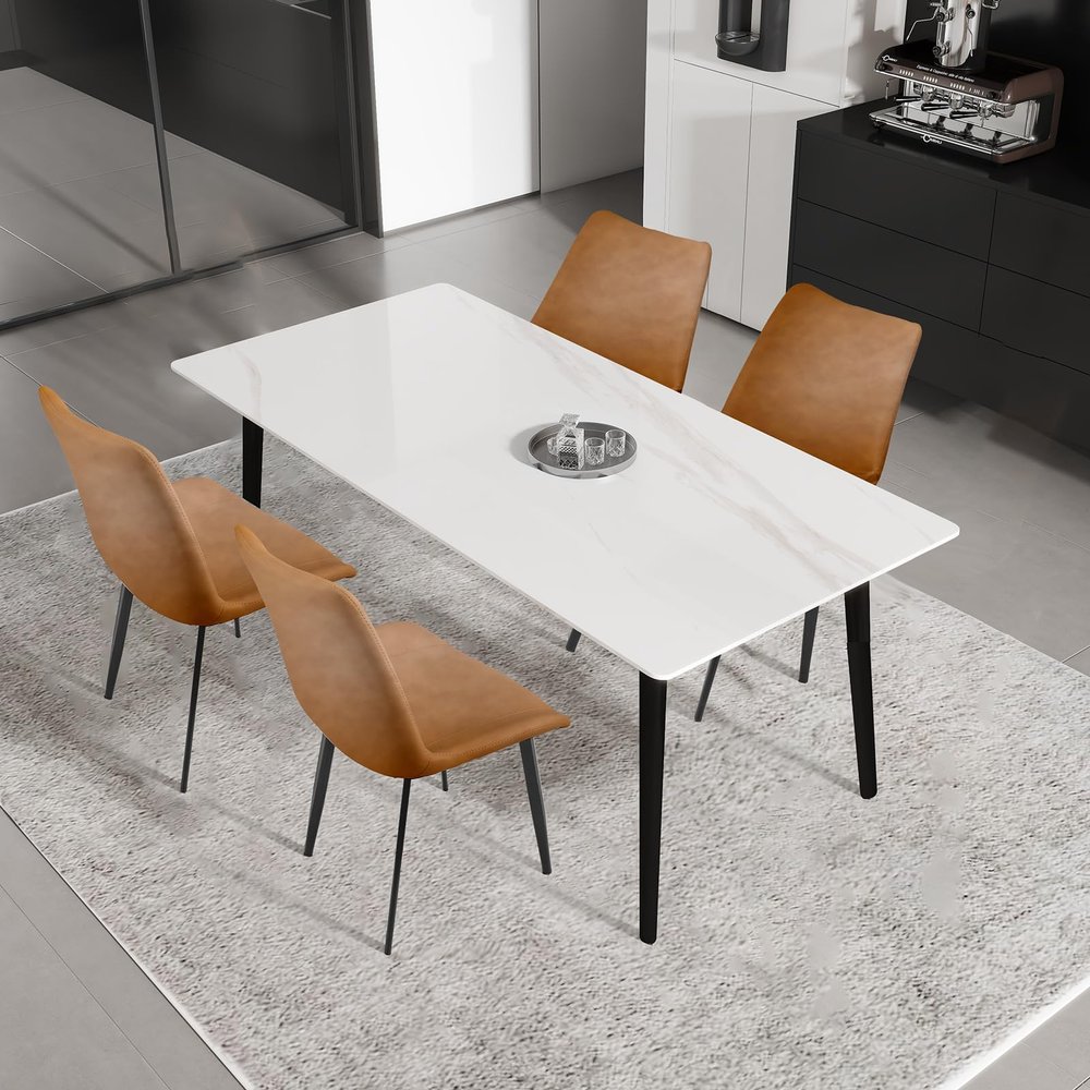 AmoUnico 5 Piece Dining Room Set 63" Marble Sintered Stone Dining Table for 4-6 People and Upholstered PU Leather Dining Chairs for Home Kitchen,Jade White Table and Brown Chairs